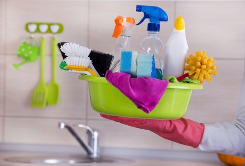 Weekly cleaning tools organized for home maintenance
