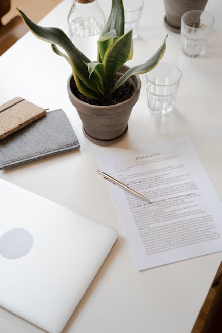 A white desk in a modern office setting featuring a closed silver laptop with a black keyboard, placed next to a potted plant with broad green leaves. To the right of the laptop, there are printed doc